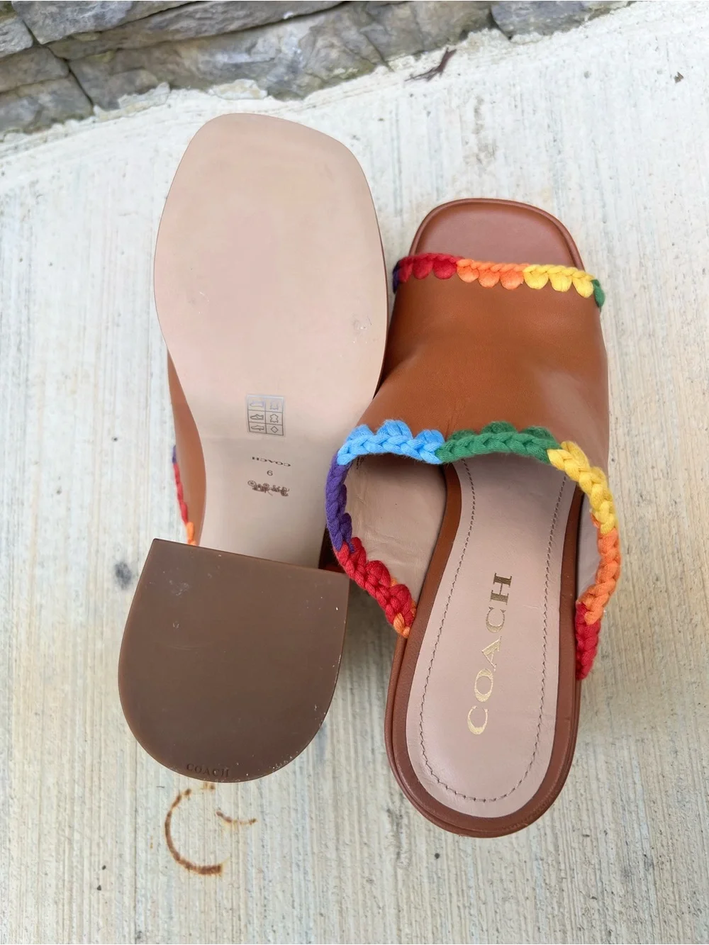 Coach Brown Rainbow Crochet  Leather Platform Mules Shoes sz 9